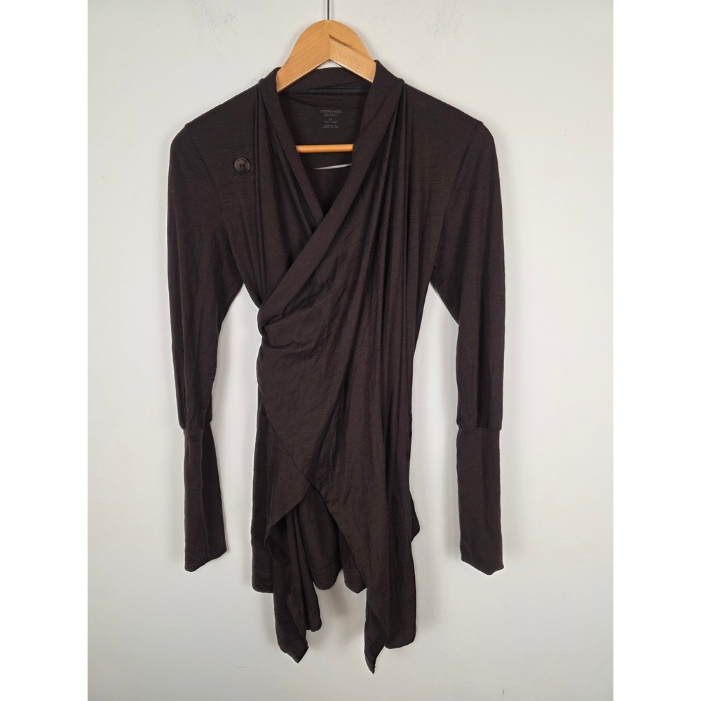 Icebreaker Merino Wool Bliss Wrap Cardigan Womens Medium Button Tie Brown - Picture 2 of 8